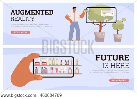 Augmented Reality Web Banners Set, People Looking At Real World Through Smartphone Innovations, Vect
