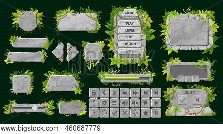 Stone Game Interface. Ui Game Buttons, Gui Elements And Icons. Game Interface Bars, Sliders And Butt