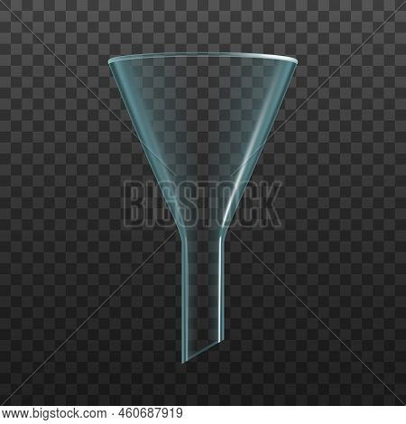 Isolated Glass Funnel, Vector Transparent Laboratory Glassware. Realistic Chemical Lab Funnel Equipm