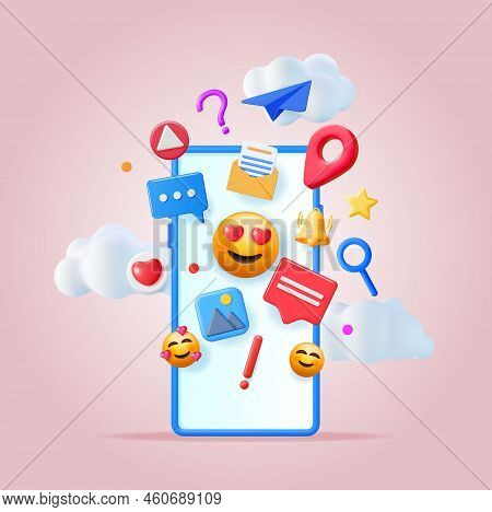 3d Social Media Concept Isolated. Render Smartphone With Colorful Social Network Icon. Chat Bubble, 