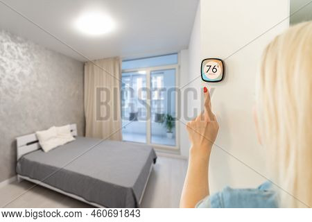 Thermostat Smart Home Domotic Control Panel On Wall For Winter House Temperature Banner Panoramic. E