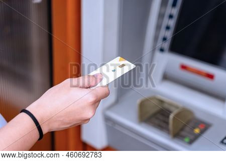 Atm Machine Cash. Money Bank Credit Card Holding Hand. Withdraw Money Cash From Atm. Bank Credit Car
