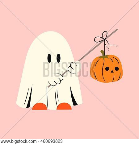 Halloween Ghost With Pumpkin. Kawaii Phantom In White Clothes And Stick. Kawaii Monster Mystical Dra