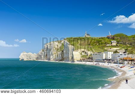 Panoramic View Of The Beach Of Etretat In Normandy, A Popular French Seaside Town Known For Its Chal