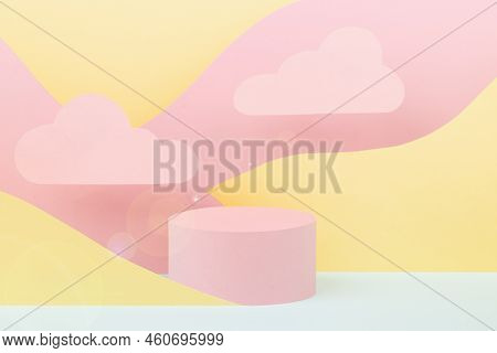Modern Vapor Wave Style Stage Mockup - Pink Round Podium, Sun Blinks, Clouds, Pastel Mountain Landsc