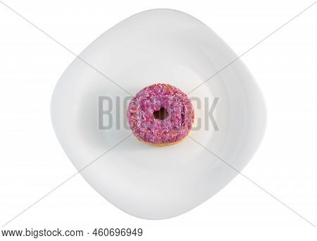 Pink Doughnut With Powder On A White Plate Isolated