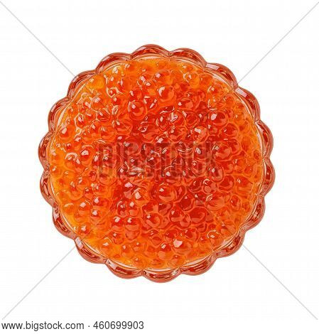Red Caviar In A Glass Bowl Isolated On A White Background. Crystal Dish Full Of Chum Salmon Caviar C