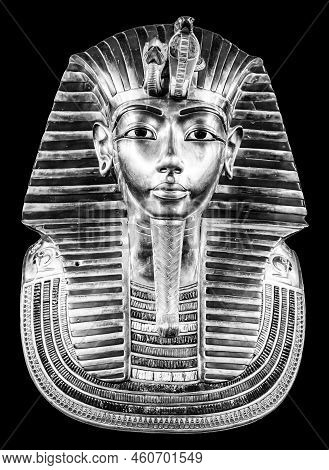 Tutankhamun's Burial Mask On Black Bacground. King Tut Black And White