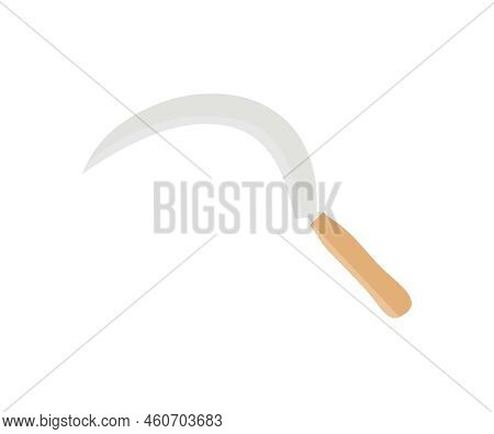 Sickle With Wooden Handle Logo Design. Agricultural Tool, Use For Getting Rid Of Grass Or Weeds In P