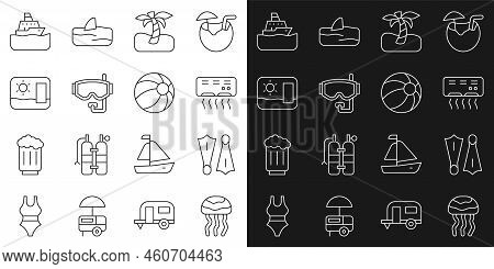 Set Line Jellyfish, Rubber Flippers For Swimming, Air Conditioner, Tropical Palm Tree, Diving Mask, 