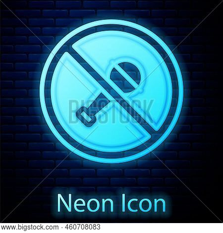 Glowing Neon Mute Microphone Icon Isolated On Brick Wall Background. Microphone Audio Muted. Vector