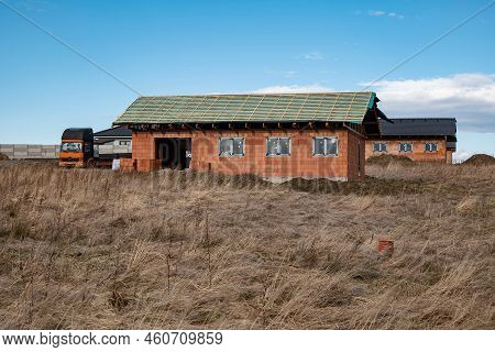 Senov, Czech Republic - February 17, 2022: Developer Projects, Building Modern Housing With Mercedes