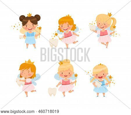 Cute Little Tooth Fairy With Baby Teeth And Magic Wand Wearing Crown Vector Set