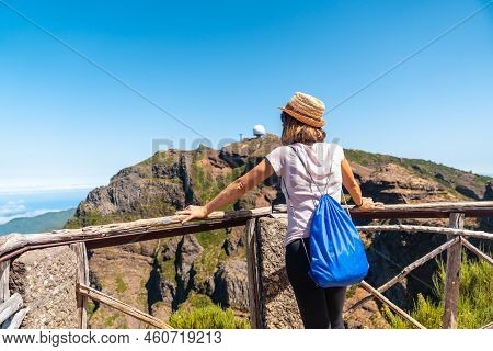 Ninho Da Manta Viewpoint On Pico Do Arieiro, A Young Woman Looking At The Mountains, Madeira. Portug