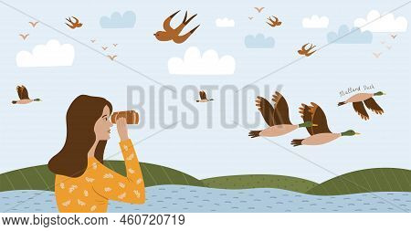 Birdwatching Poster, Birding. Ornithology Horizontal Banner Template. Girl Looks Through Binoculars,