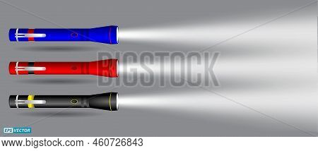 Set Of Realistic Flashlights With Beams Or Handy Electric Flash Light With Spotlight Or Camping Lamp