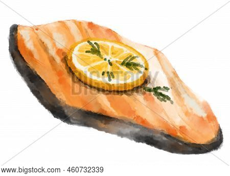 Watercolor Painting Steak Salmon Fillet Lemon Thyme Seafood Illustration