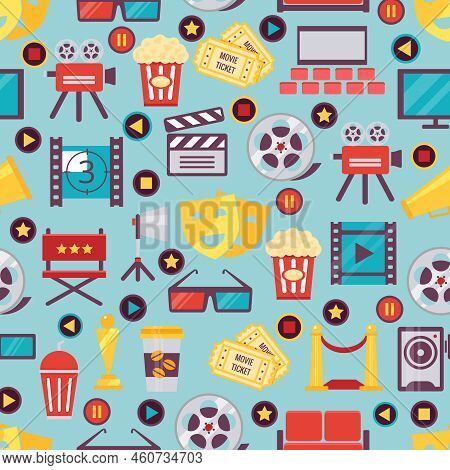 Seamless Various Film And Cinema Graphics On Light Blue For Background Design