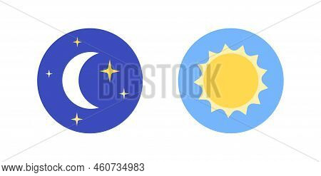Day And Night Logo. Light Or Dark Theme Or Sleep Wake Rhythm. Moon And Stars, Sun And Clouds In Sky.