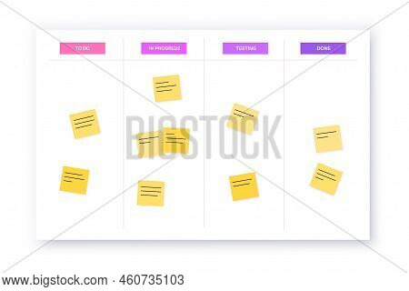 Kanban Board Methodology. Meeting Process, Cards With Tasks On Whiteboard, Teamwork Visualization In