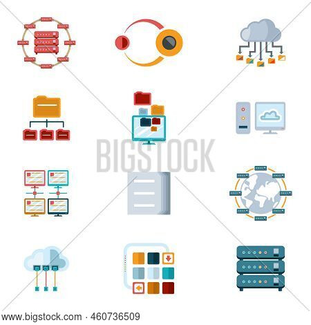Vector Assorted Colored Computer Networking Icons With Files  Servers And Computer Devices Isolated 