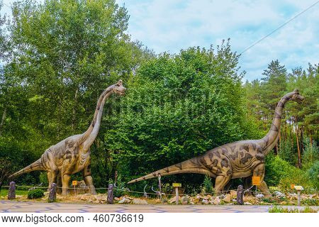 Belgorod, Russia - September 06, 2021: Brachiosaurus Robotic Full-size Statue In The Forest Of Belgo