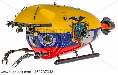 Bathyscaphe With Ecuadorian Flag. Marine Geology, Oceanography In Ecuador, 3d Rendering Isolated On 