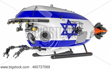 Bathyscaphe With Israeli Flag. Marine Geology, Oceanography In Israel, 3d Rendering Isolated On Whit