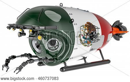 Bathyscaphe With Mexican Flag. Marine Geology, Oceanography In Mexico, 3d Rendering Isolated On Whit