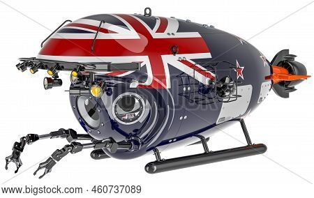 Bathyscaphe With New Zealand Flag. Marine Geology, Oceanography In New Zealand, 3d Rendering Isolate