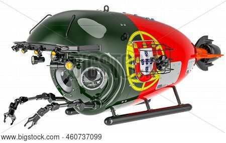 Bathyscaphe With Portuguese Flag. Marine Geology, Oceanography In Portugal, 3d Rendering Isolated On
