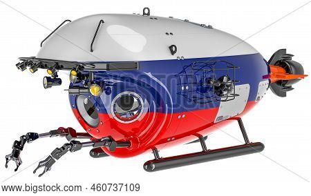 Bathyscaphe With Russian Flag. Marine Geology, Oceanography In Russia, 3d Rendering Isolated On Whit