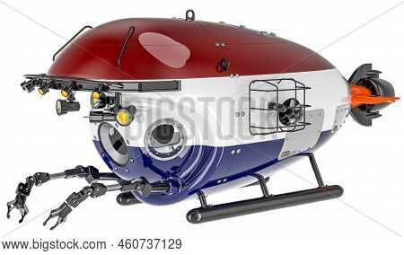 Bathyscaphe With The Netherlands Flag. Marine Geology, Oceanography In The Netherlands, 3d Rendering