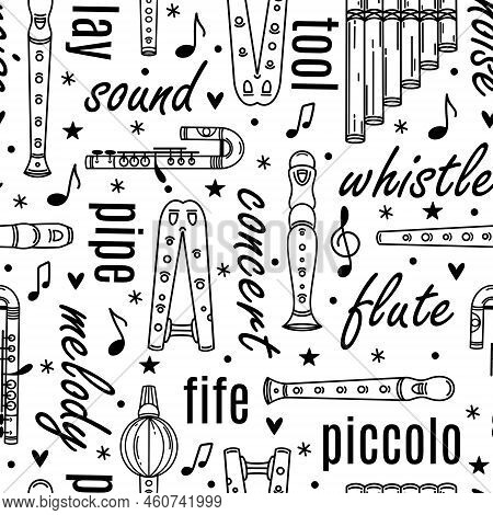 Flutes Seamless Vector Pattern. Block Flute, Whistle, Piccolo. Wooden, Metal Musical Instruments. Bl