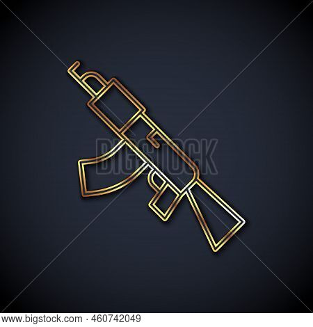 Gold Line Submachine Gun Icon Isolated On Black Background. Kalashnikov Or Ak47. Vector