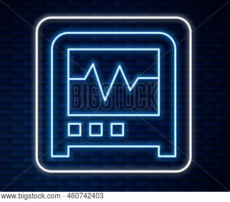 Glowing Neon Line Seismograph Icon Isolated On Brick Wall Background. Earthquake Analog Seismograph.