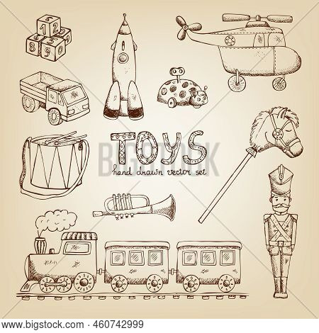 Vintage Hand Drawn Toys Set: Train Drum Soldier Trumpet