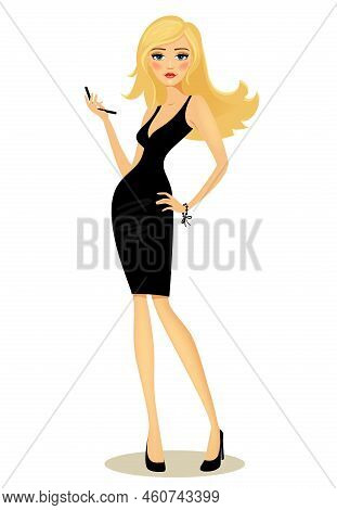 Vector Illustration Of A Beautiful Curvaceous Glamorous Girl With Long Blond Hair In A Black Dress P