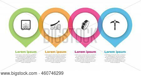 Set Safe With Gold Bars, Growth Arrow, Gold Ring And Pickaxe. Business Infographic Template. Vector