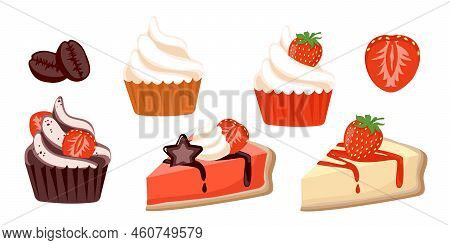 Collection Set Of Dessert Object Cheese Cake Straberry Muffin Coffee Bean