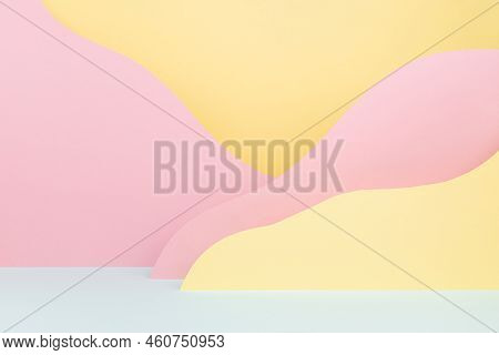 Abstract Colorful Empty Stage Mockup - Paper Landscape With Mountains Pink, Yellow, Mint Color  In B