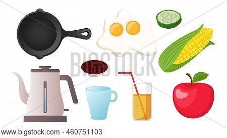 Collection Set Of Breakfast Food Objcet Fried Egg Apple Juice Corn Cucumber
