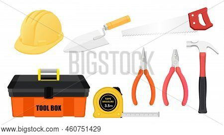Collection Set Of Toolbox Object Saw Hammer Tape Ruler Needle Nose Pliers Shovel Hard Hat