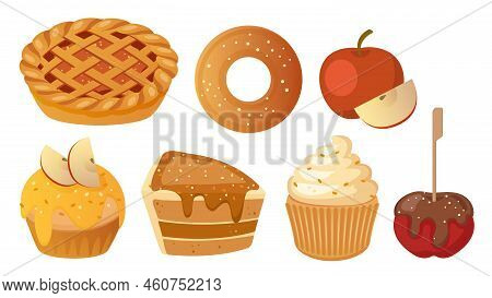Collection Set Of Food Dessert Obejct Pie Bagel Cheese Cake Muffin Chocolate Covered Apple