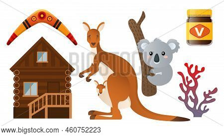 Collection Set Of Australian Items Kangaroo Koala Wooden House Coral Vegemite Aboriginal Pattern Boo