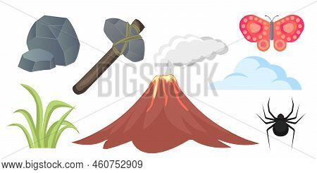 Collection Set Of Nature Cartoon Objects Grass Stone Rock Cloud Volcano Butterfly Spider