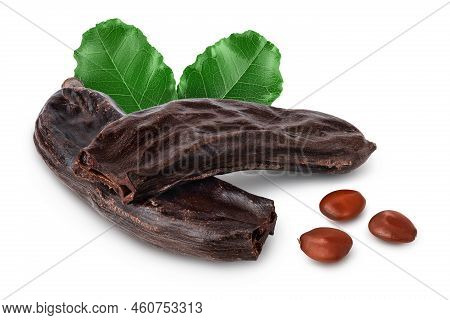 Ripe Carob Pods And Bean Isolated On White Background With Full Depth Of Field