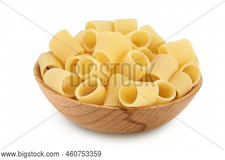 Raw Italian Pasta In Wooden Bowl Isolated On White Background. Mezze Maniche Rigate Bronze Die