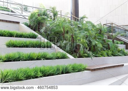 Green Seating Area Indoors, An Empty Bench To Rest Among Plants And Foliage In A Public Place. Moder