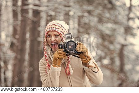 Girl With Vintage Camera In Snowy Nature. Traveling Concept. Capturing Winter. Take Stunning Winter 